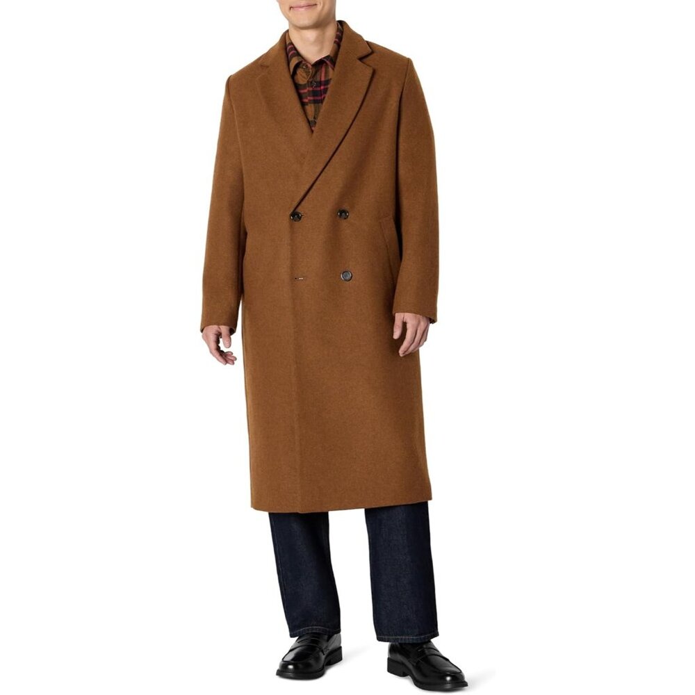Men's Caramel Relaxed Fit Double Breasted Imported Wool Blend Longline Top coat